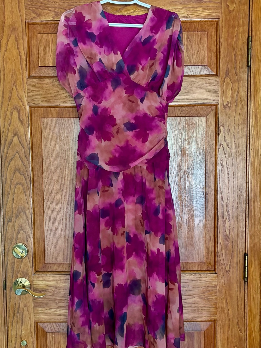 Floral V-Neck Ruched Midi Dress in Plum and Rose